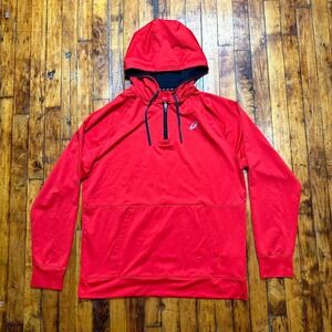 Asics Hoodie Mens Large Red Long Sleeve Kangaroo Pocket 1/4 Zip Pullover Outdoor